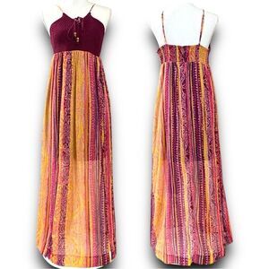 xhilaration Maroon Crocheted Knit Summer Fall Boho Long Mesh Maxi Sleeveless Dre